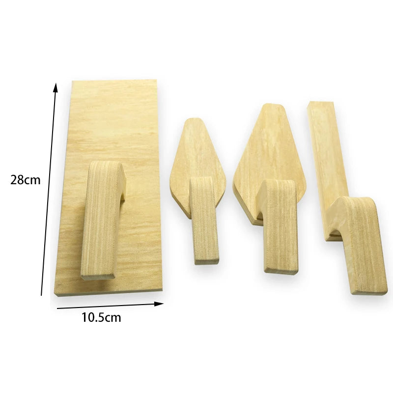 Set of wooden tools with measurements on a white background