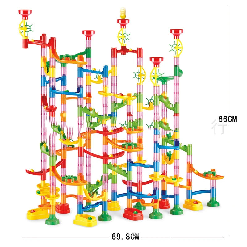Colorful marble run toy set with dimensions on a white background