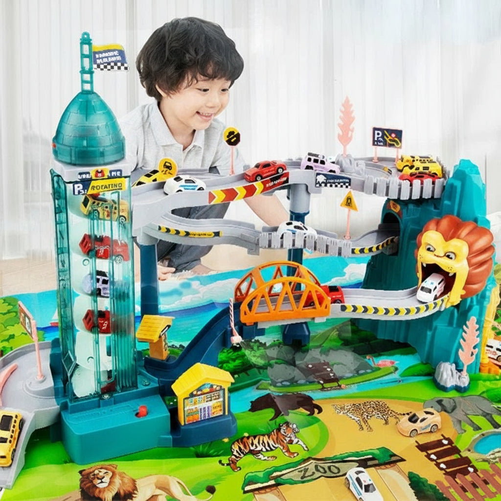 Child playing with a toy train set featuring a lion and zoo theme.
