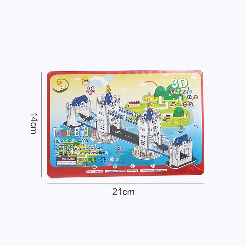 3D puzzle packaging with Tower Bridge design and dimensions on a white background