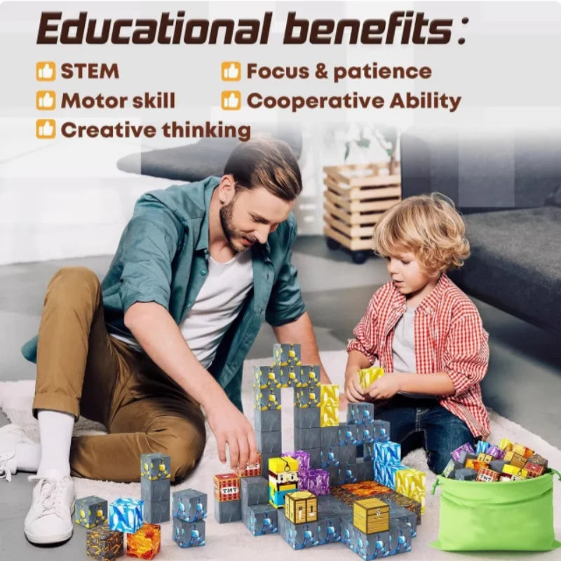 Man and child playing with building blocks, highlighting educational benefits.