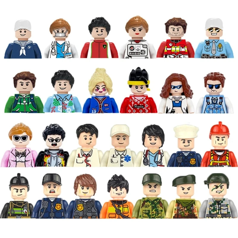 Collection of variously dressed toy figures arranged in a grid.