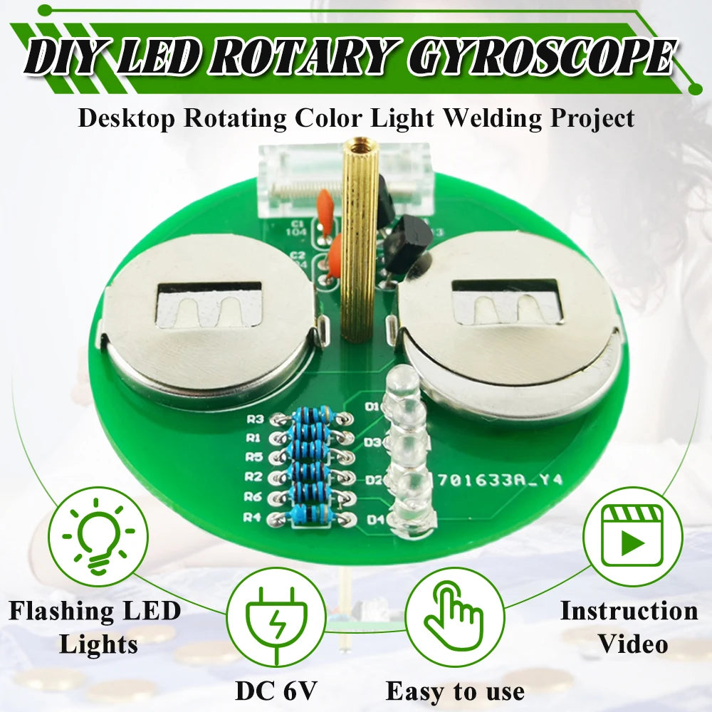DIY LED rotary gyroscope project with electronic components on a green background