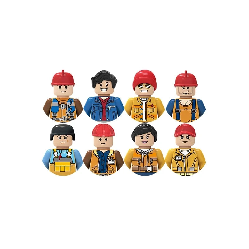 Set of eight toy figures in various outfits on a white background
