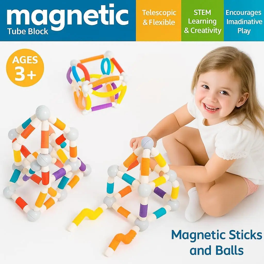 Magnetic tube block toy with colorful sticks and balls, featuring a child playing with it.