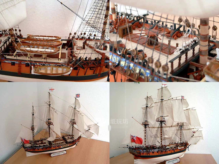 Collage of model ships with detailed views on a white background