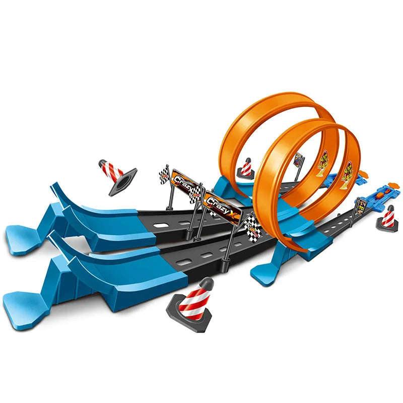 Toy track set with loops and obstacles on a white background