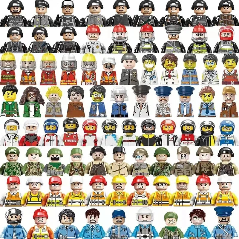 Collection of various toy figures in different poses and outfits on a white background