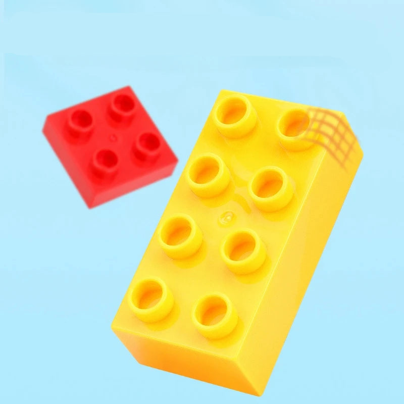 Yellow and red building blocks on a light blue background with text 