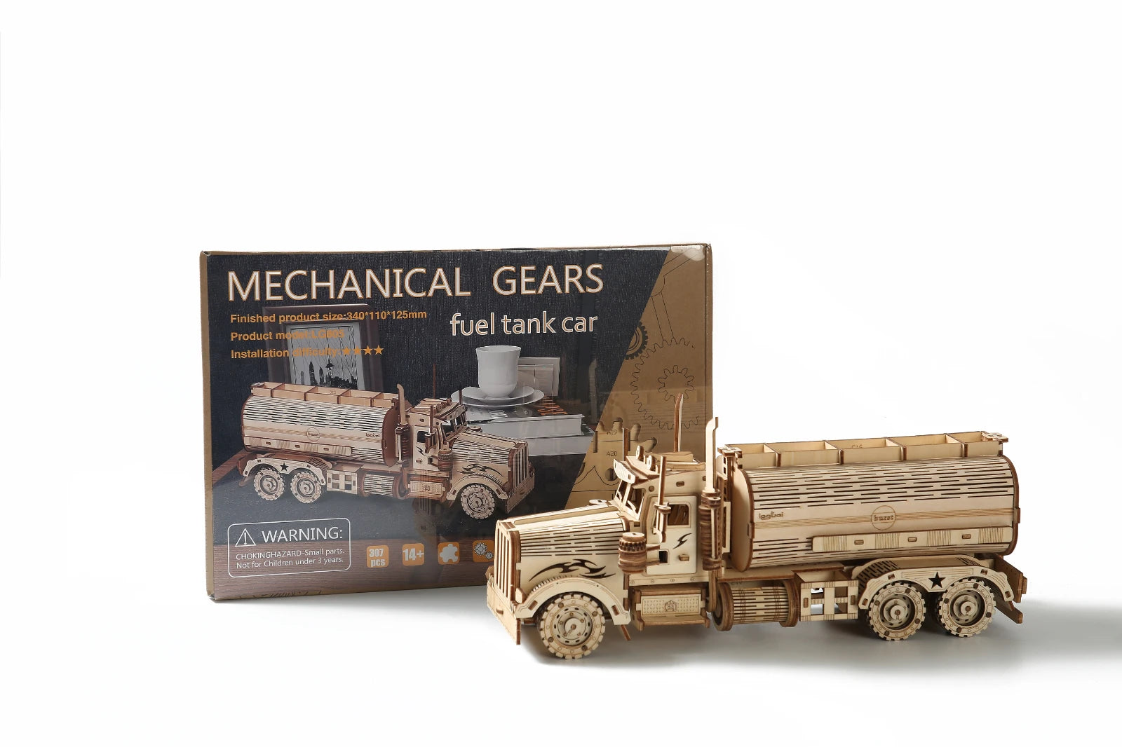 Wooden model of a fuel tank car with packaging labeled 'Mechanical Gears' on a white background.