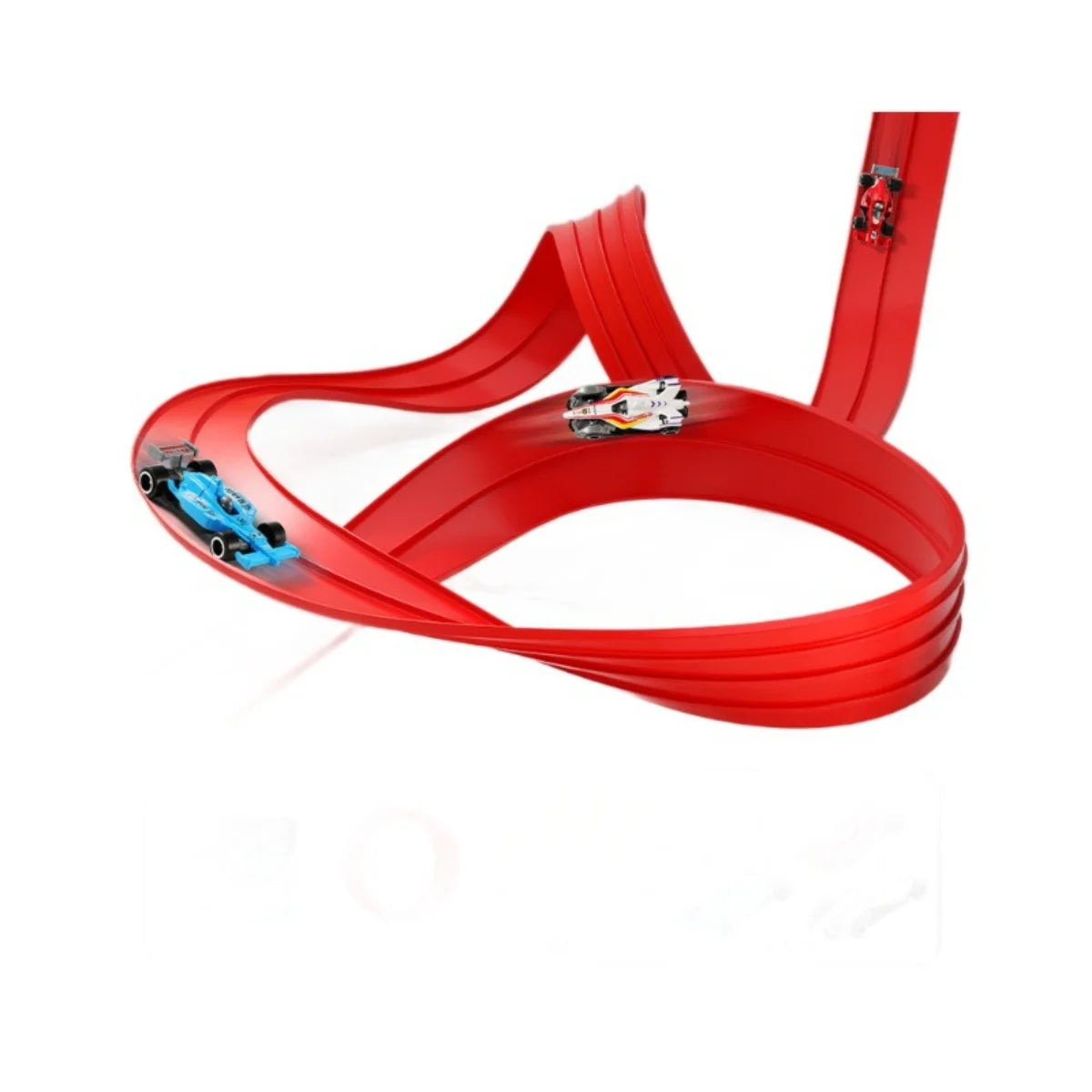Red toy track with two cars on a white background