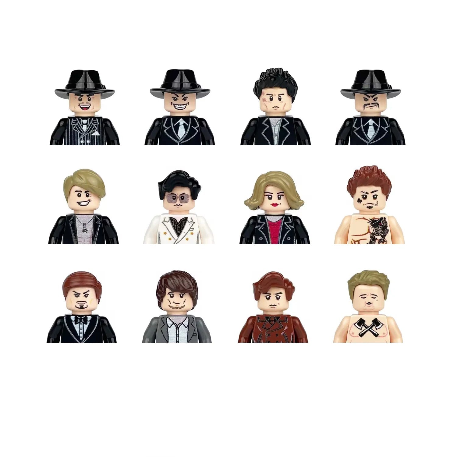 Set of toy figures in various poses and outfits on a white background