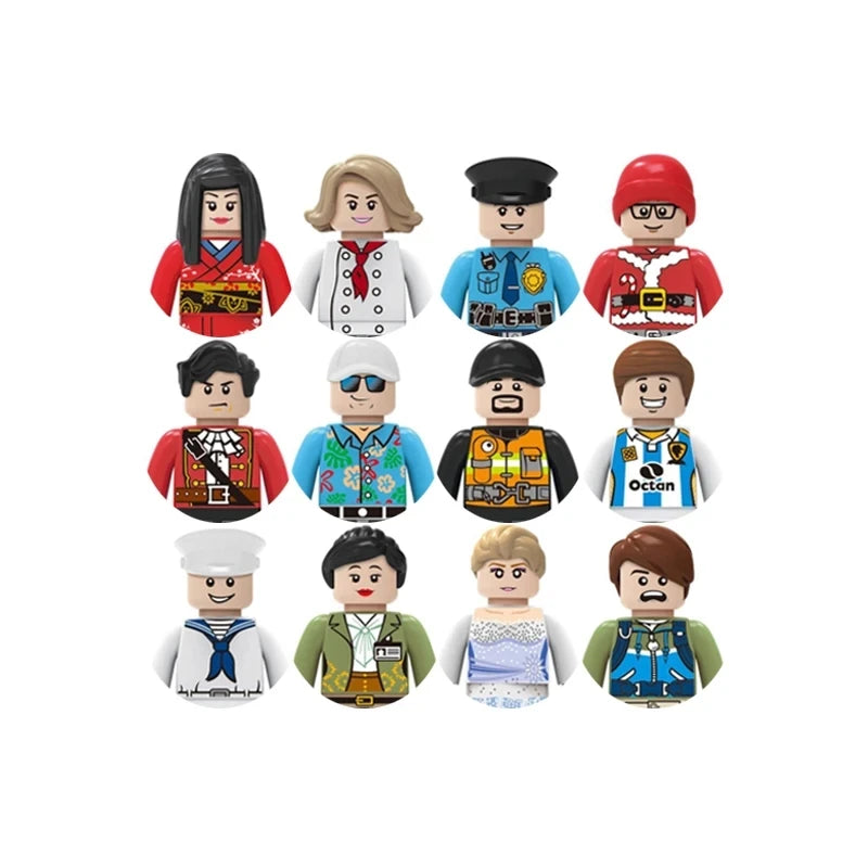 Set of twelve colorful figurines with various outfits on a white background