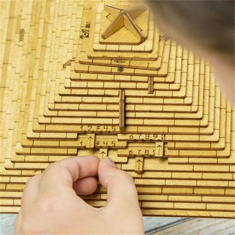 Wooden building blocks with numbers and arrows on a wooden surface.