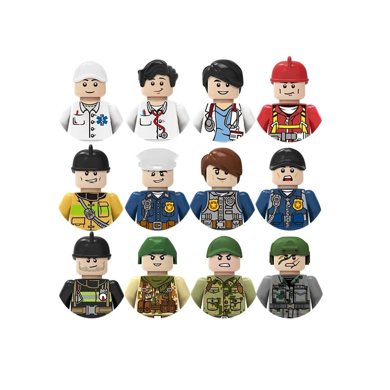 Set of toy figures in various outfits on a white background