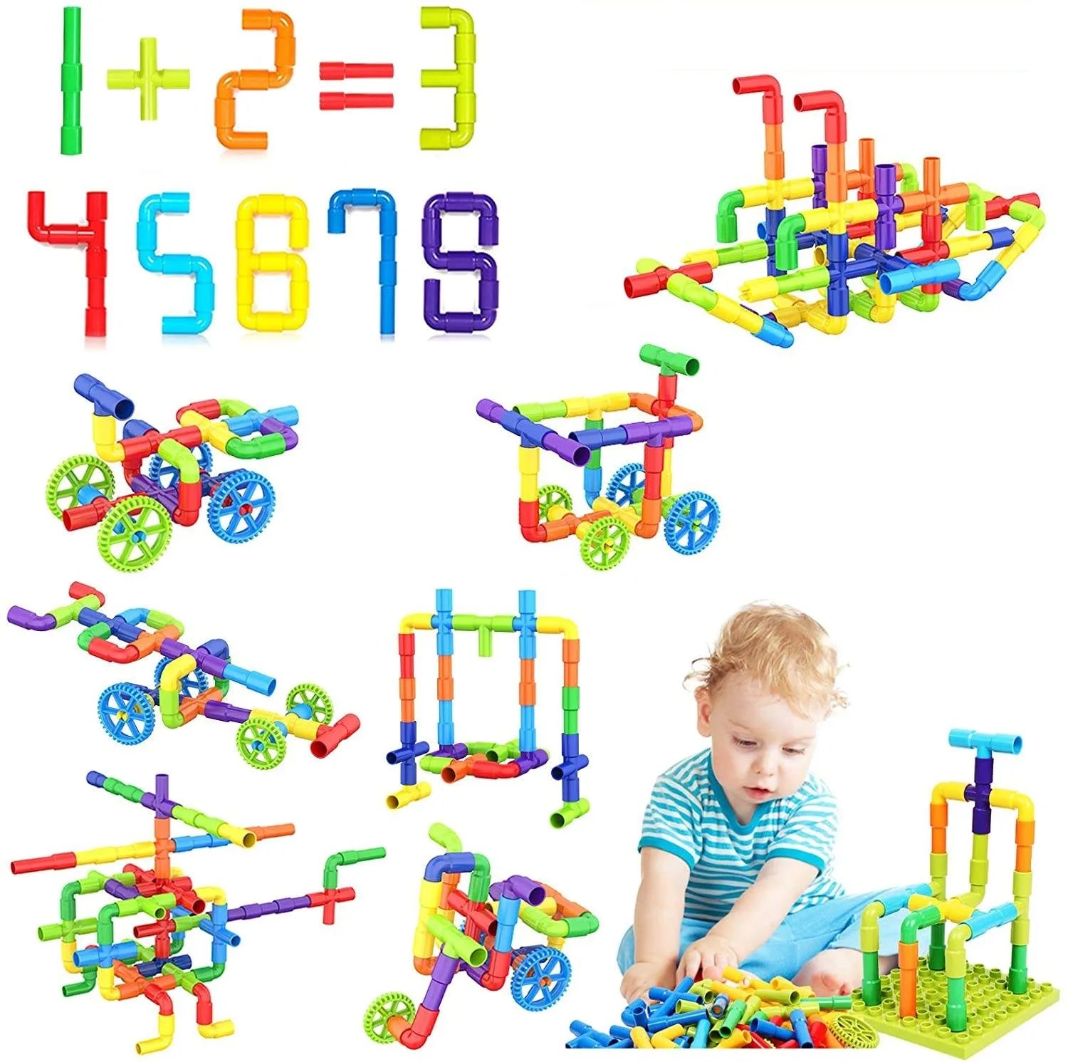 Colorful building blocks with numbers and a child playing with them