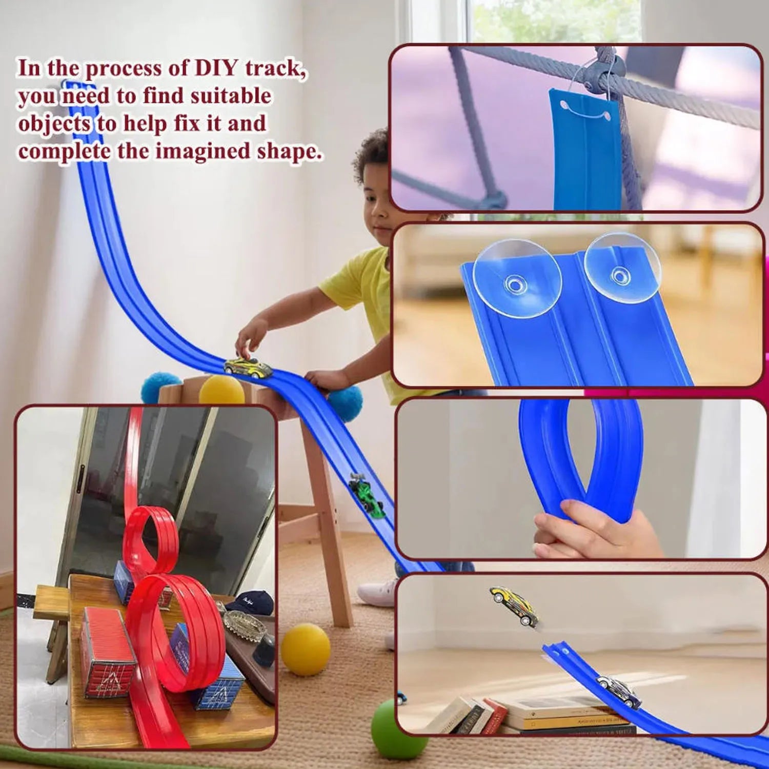 Collage of a child playing with a blue track toy, showing different angles and activities.