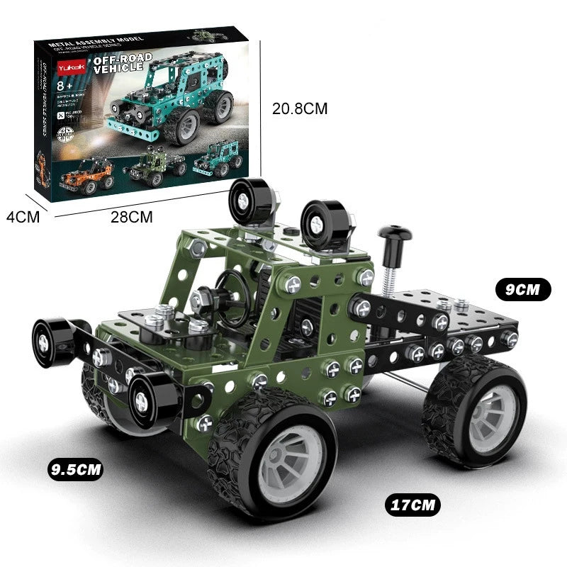 Toy off-road vehicle set with dimensions and packaging on a white background