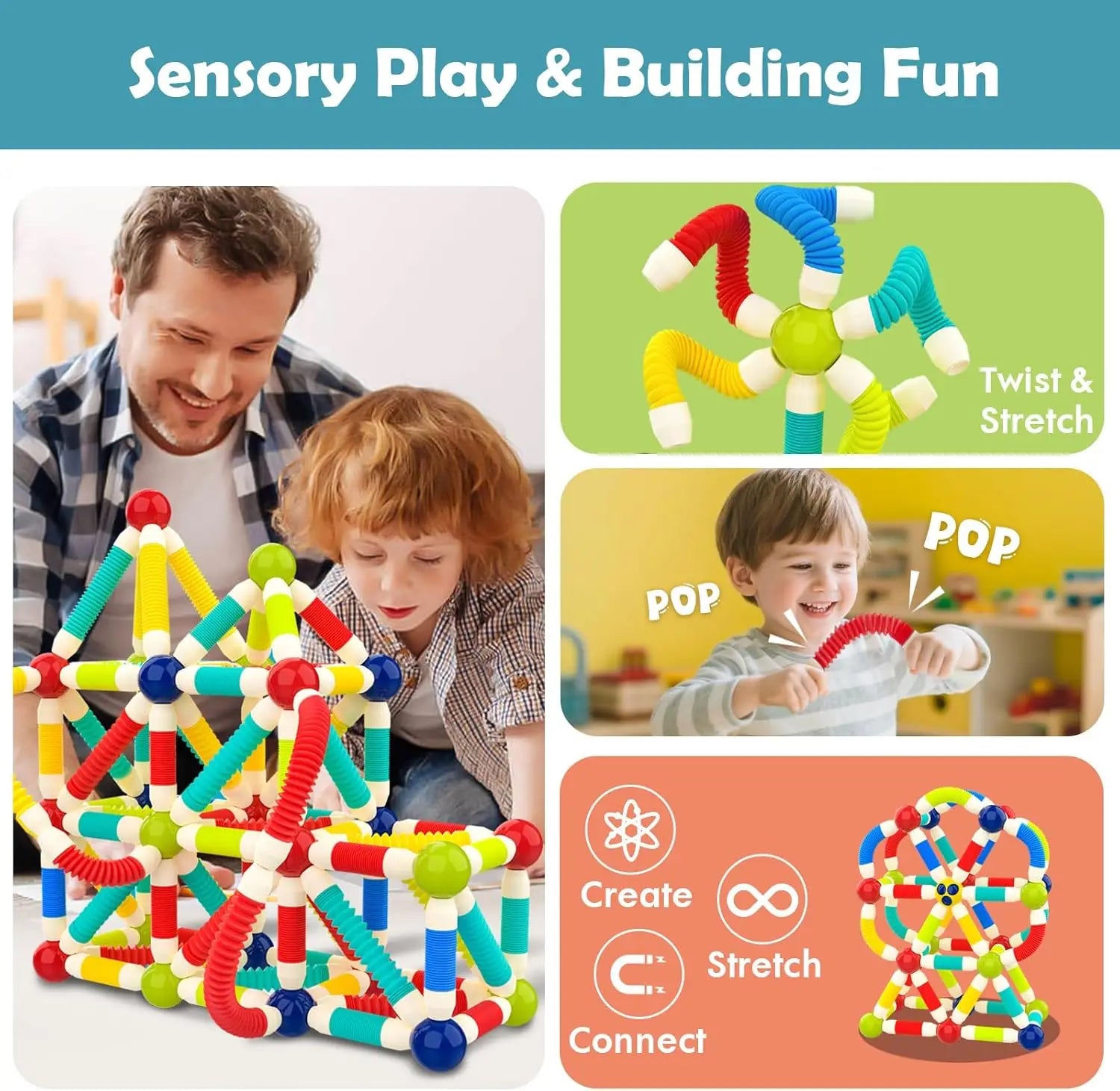 Colorful building toy set with children playing and text indicating sensory play and building fun.