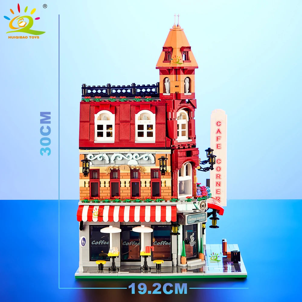 Model of a red building with a cafe corner sign, featuring dimensions on a blue background.