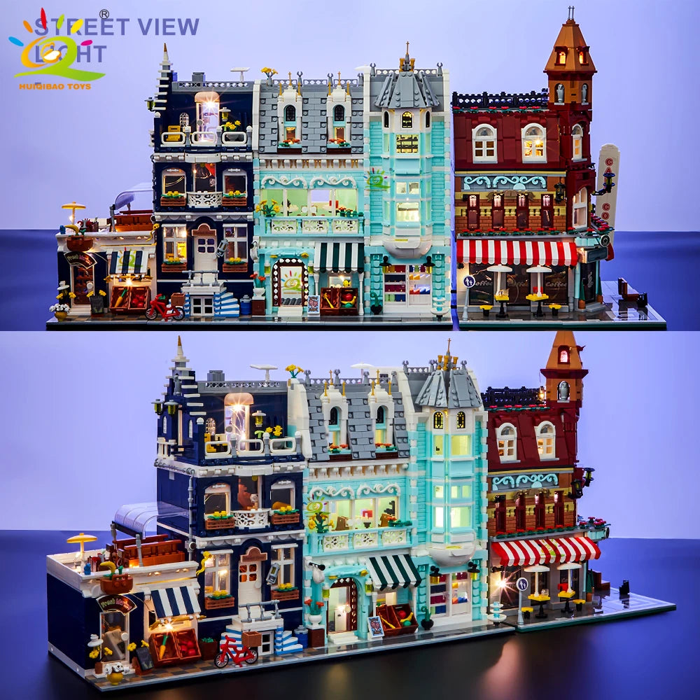 Detailed model of a street scene with buildings and shops, likely made from building blocks, on a reflective surface.