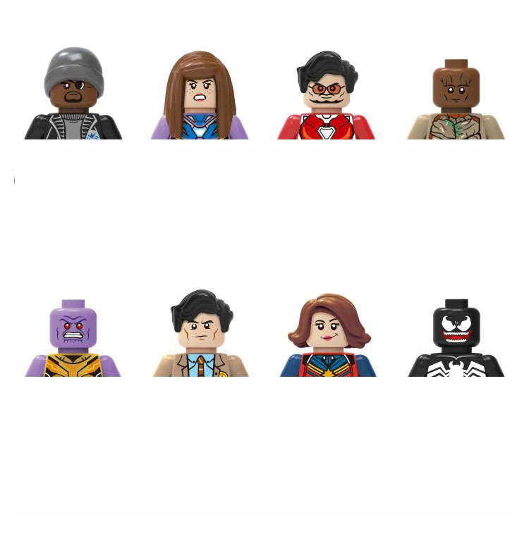 Set of eight colorful superhero figurines on a white background