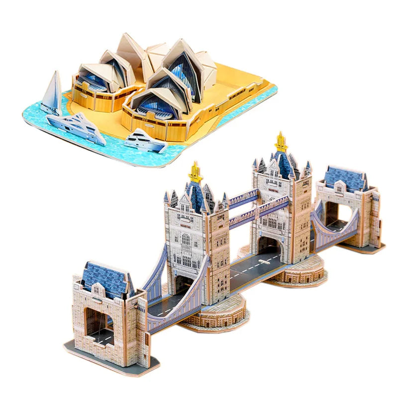 Model of the Sydney Opera House and Tower Bridge on a white background