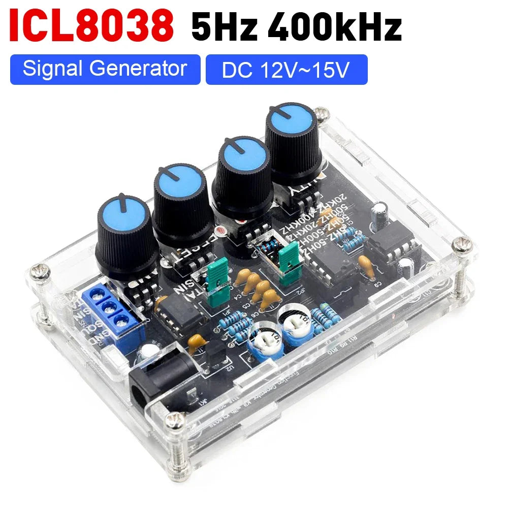 Signal generator with ICL8038 chip, 5Hz to 400kHz range, and DC 12V-15V power supply on a white background.