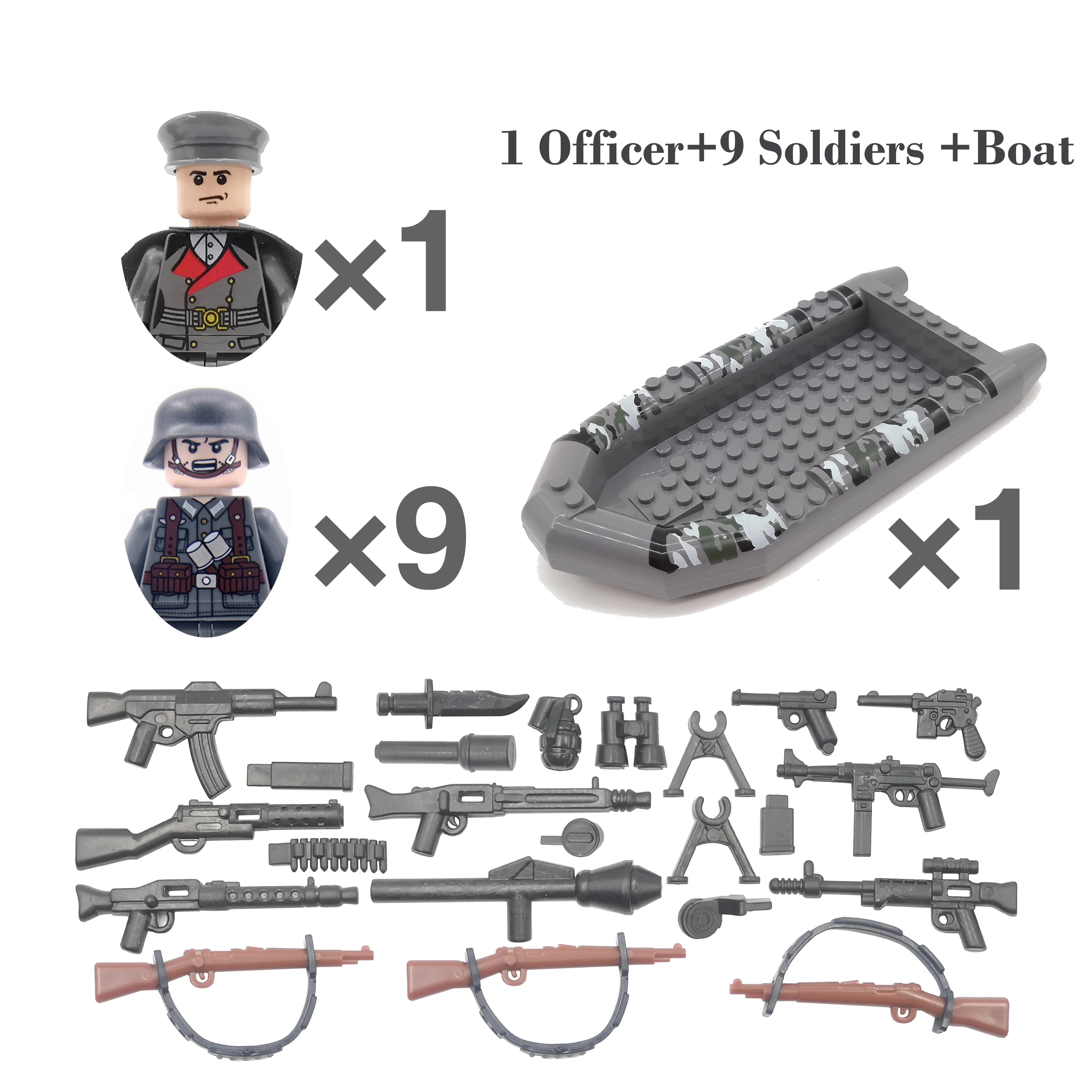Toy figure set with officer, soldiers, and boat on a white background