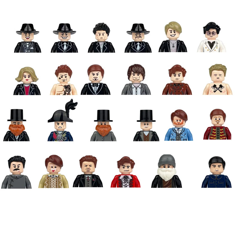 Collection of diverse character figures in various outfits on a white background