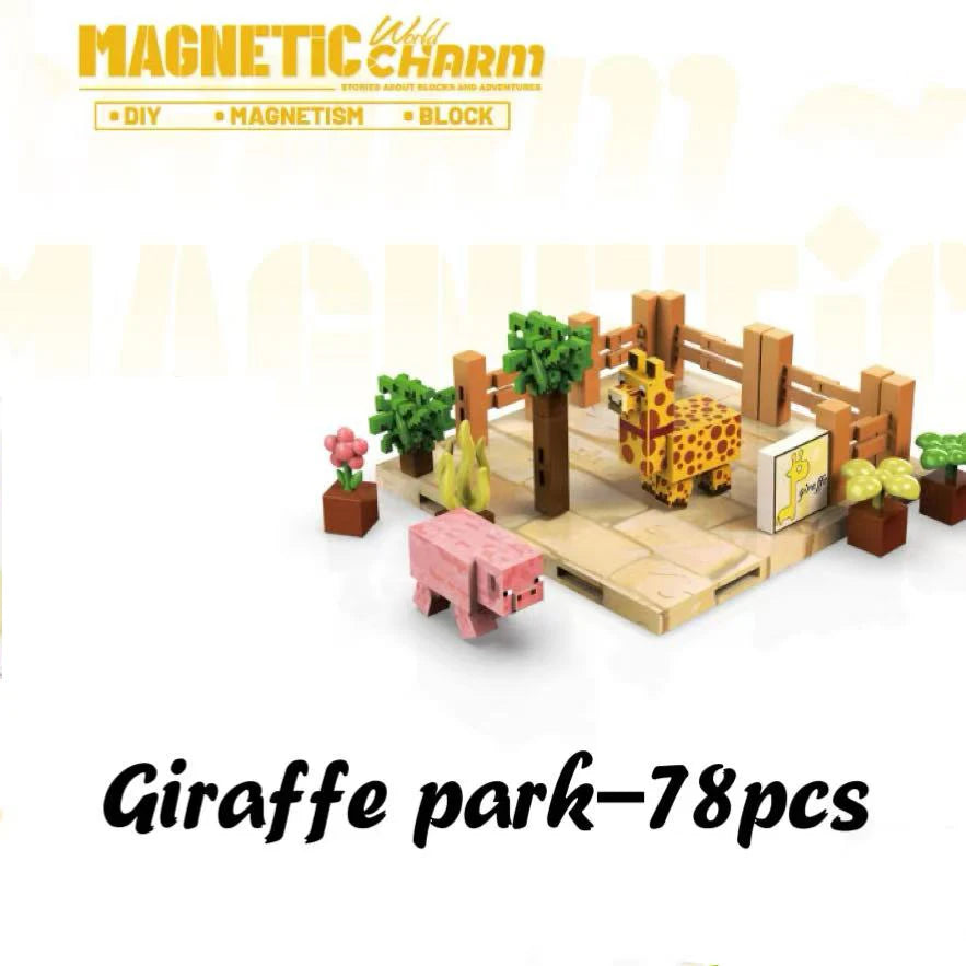 Magnetic toy set with animals and a fence, branded 'Magnetic Charm'.