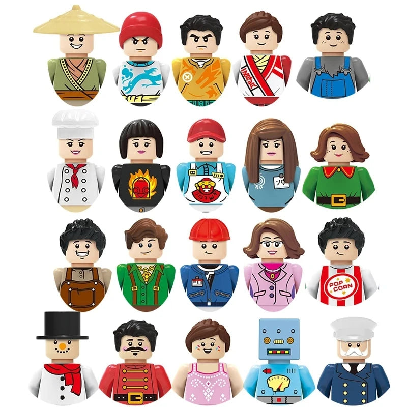 Collection of various toy figures in different outfits on a white background