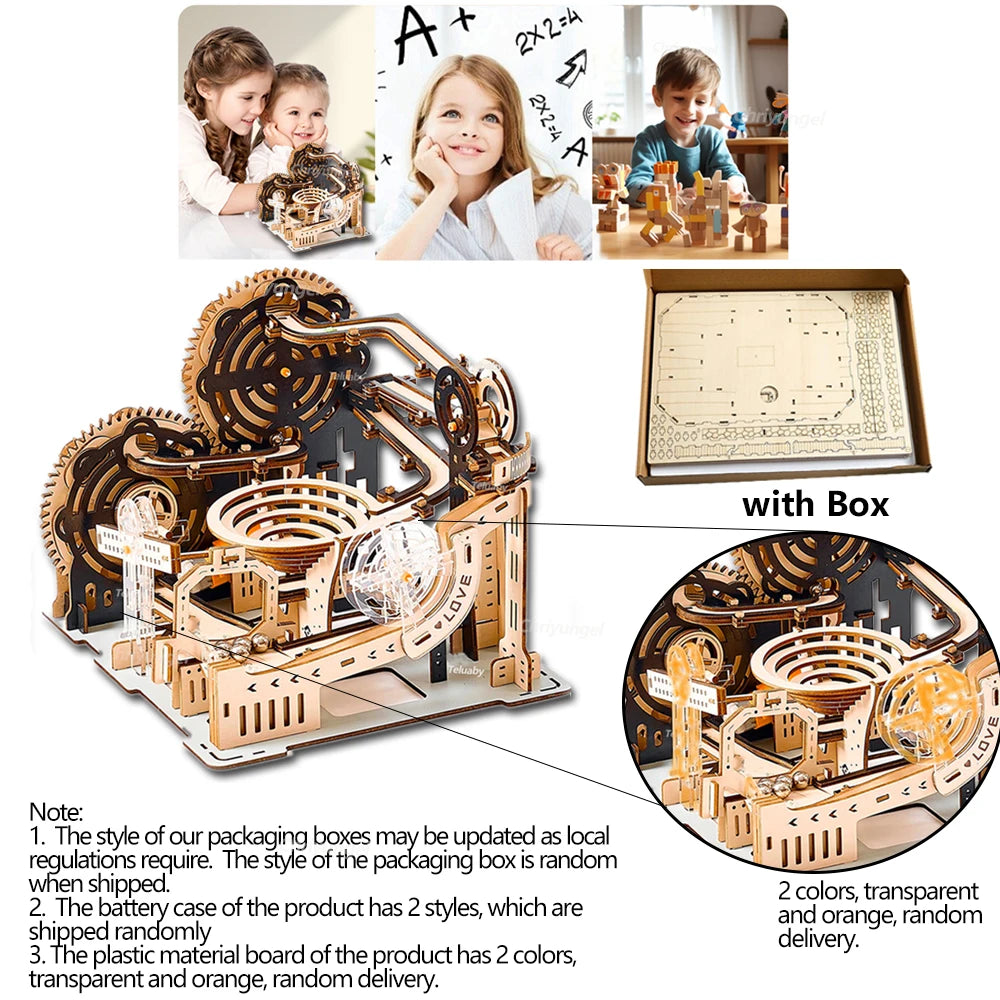 Wooden mechanical model kit with packaging box, showing children playing with a similar product.