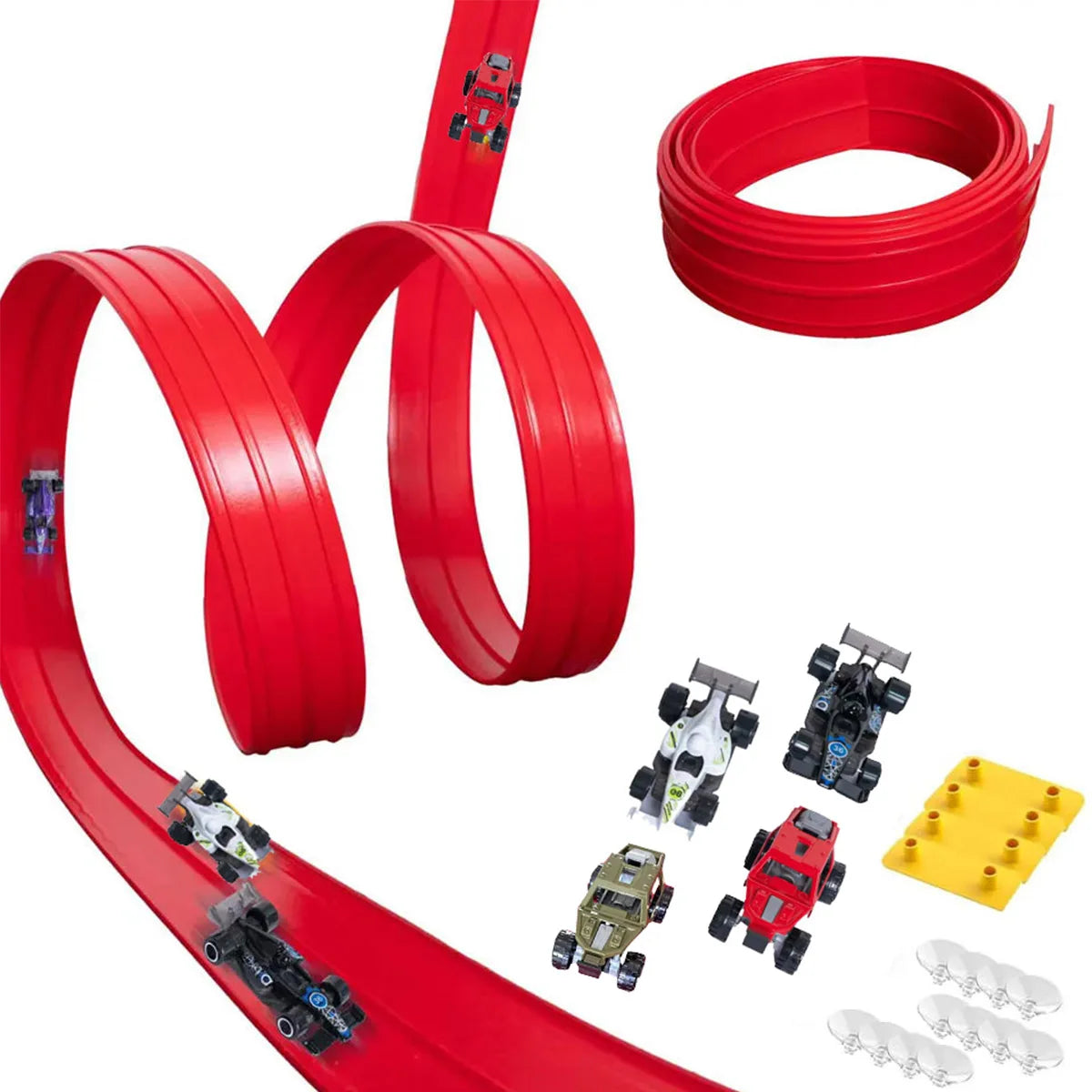 Red toy track set with cars and connectors on a white background