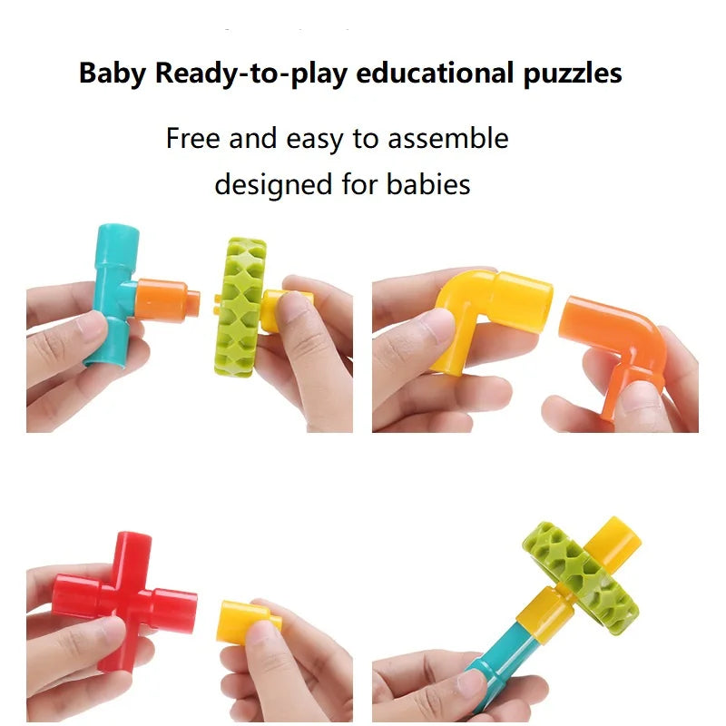 Colorful baby educational puzzles being assembled with text indicating they are designed for babies.