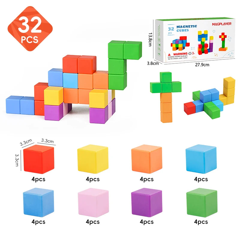 Set of colorful magnetic cubes with packaging and measurements on a white background