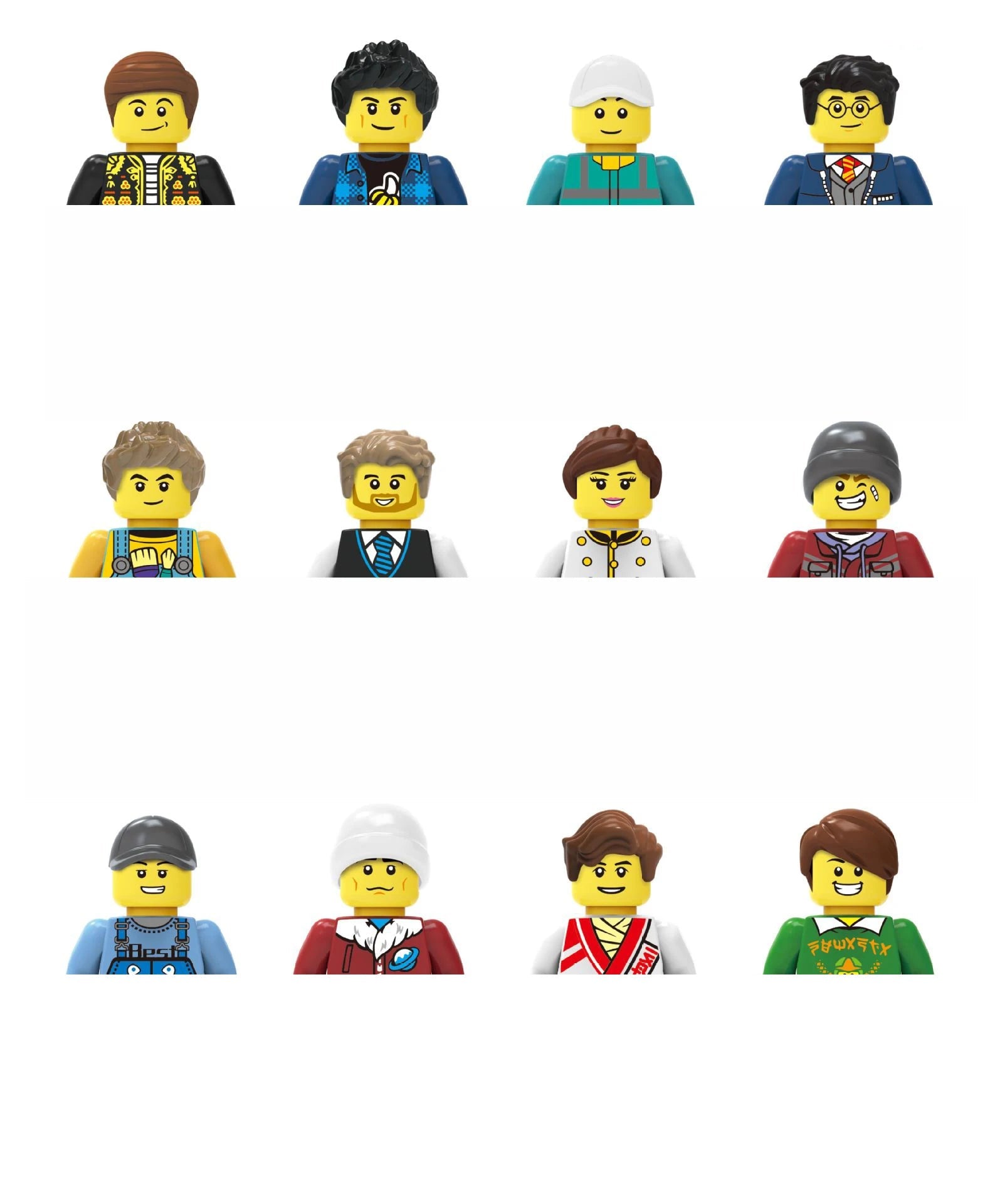 Set of 12 minifigures with various outfits on a white background