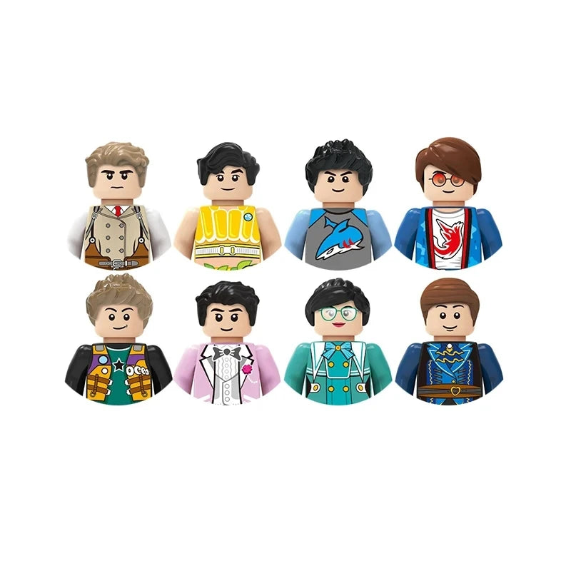 Set of eight colorful toy figures with different outfits on a white background