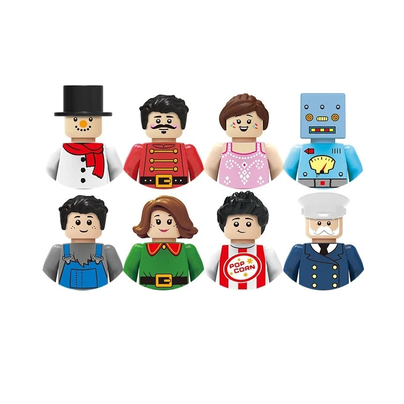 Set of toy figures with various outfits on a white background
