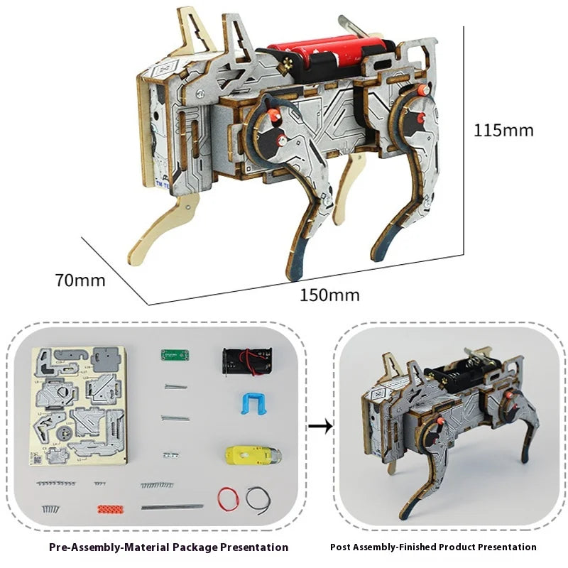 Mechanical model kit with pre-assembly material package and post-assembly finished product on a white background.