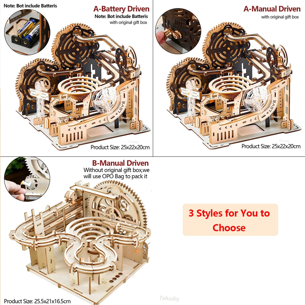 Wooden mechanical model with different driving options on a white background