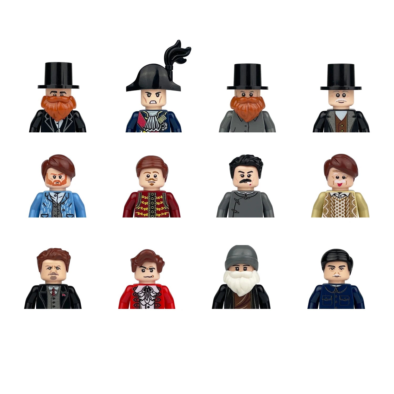 Set of vintage-style toy figures with different outfits and hairstyles on a white background.
