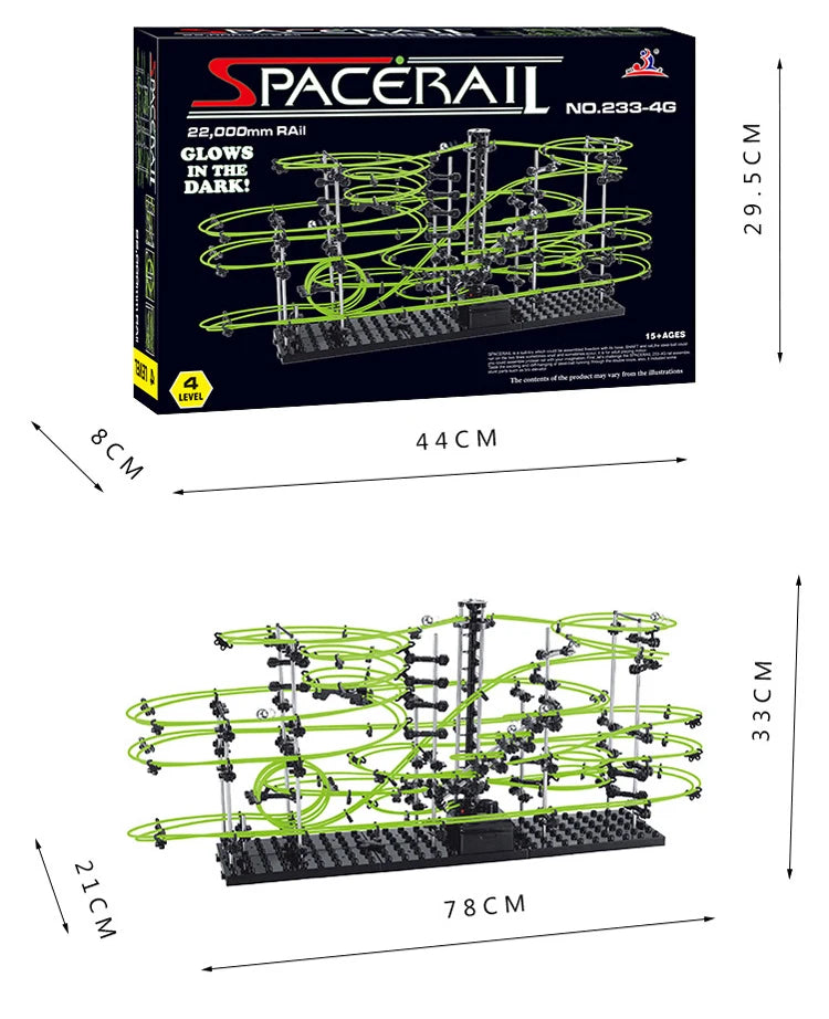 SpaceRail toy set packaging with dimensions displayed