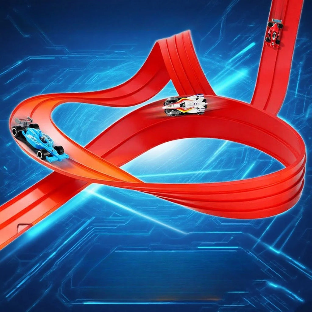 Red track with two cars on a blue background