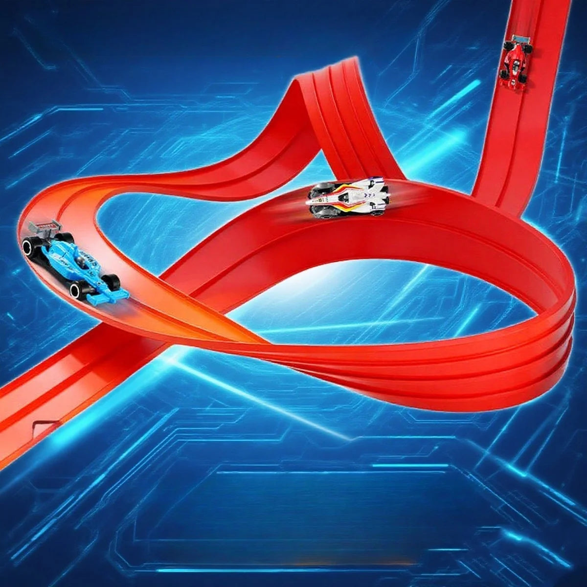 Red track with two cars on a blue background