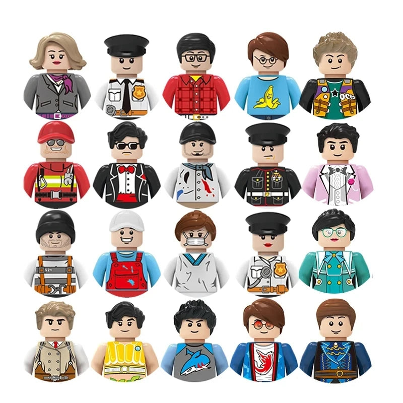 Set of toy figures in various outfits on a white background