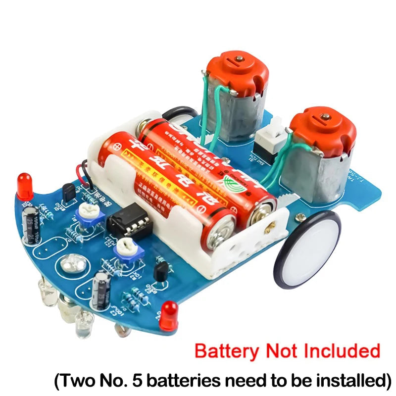 Circuit board with batteries and components on a white background