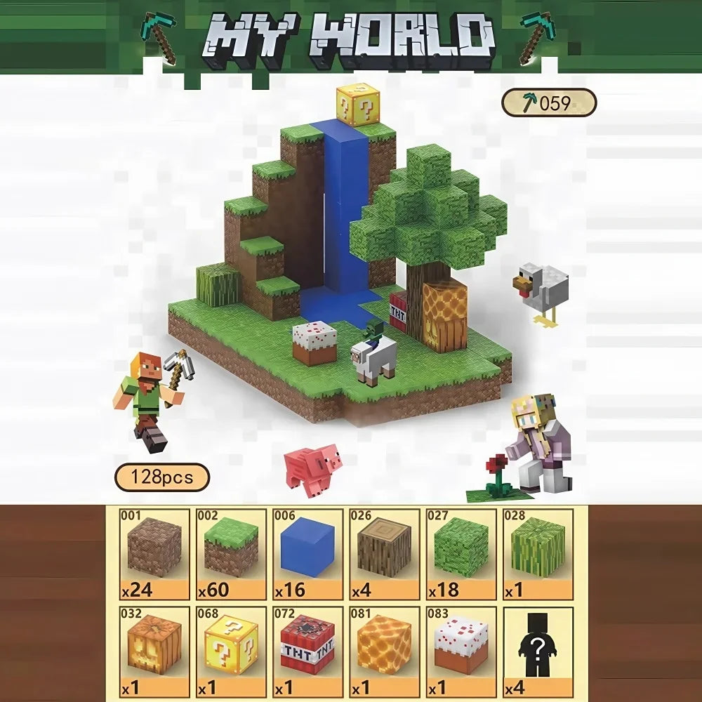 My World toy set with pixelated characters and blocks on a white background