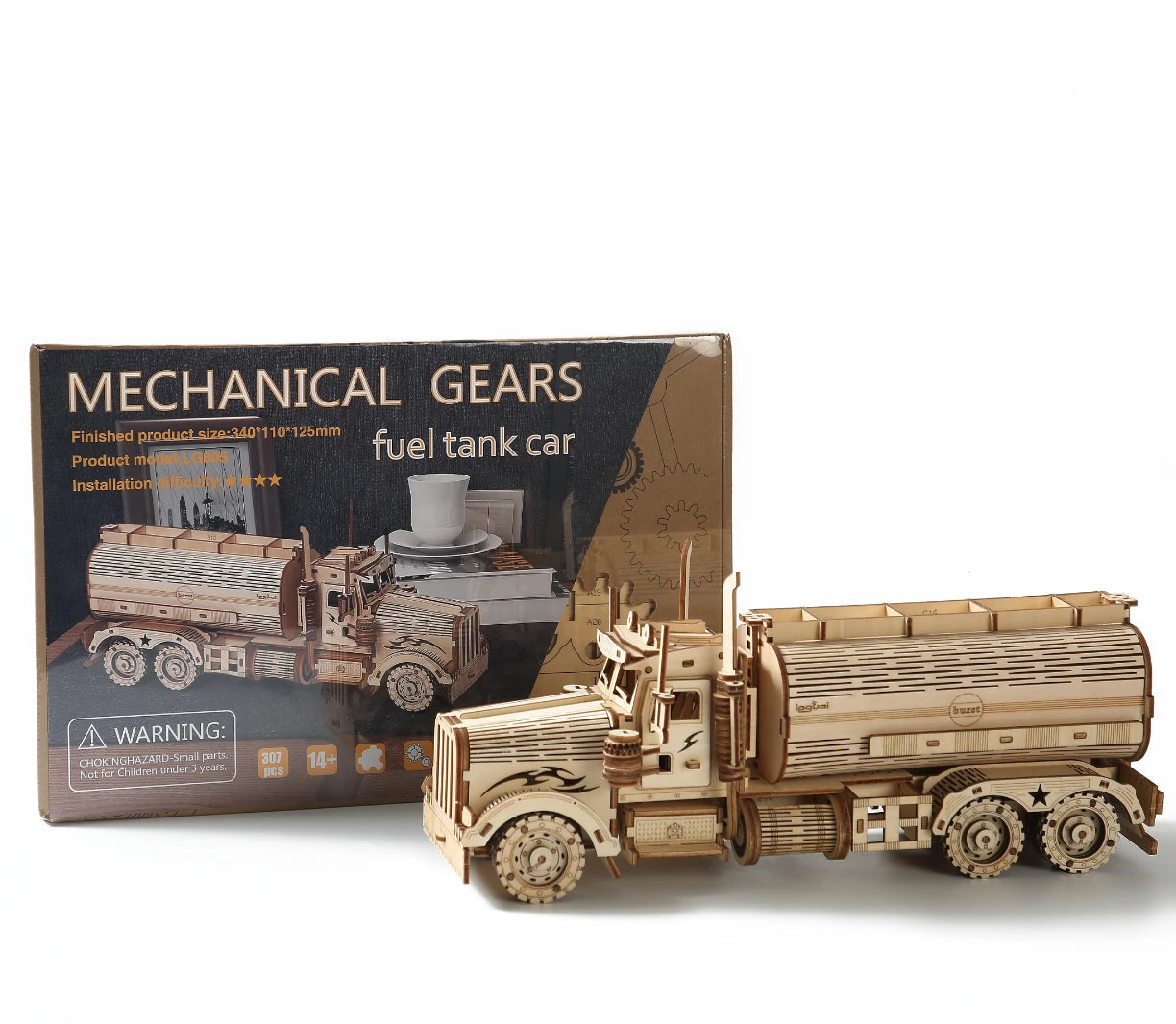 Wooden fuel tank car model with packaging on a white background