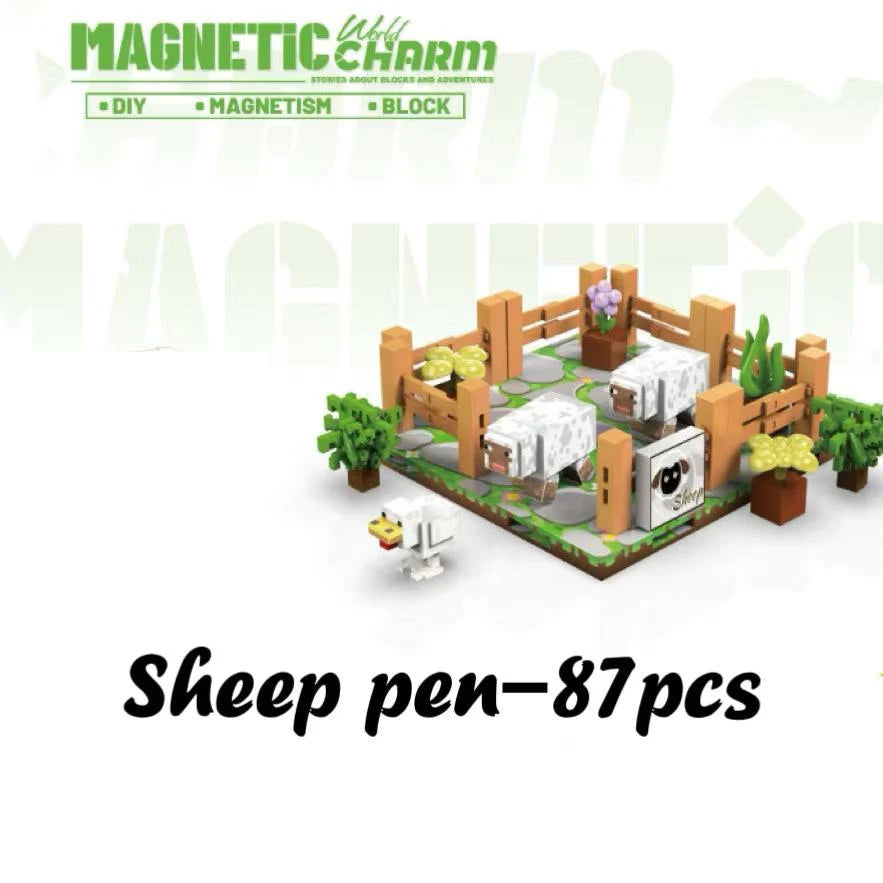 Magnetic toy sheep pen set with sheep figures and plants on a white background, featuring the brand 'Magnetic Charm'.